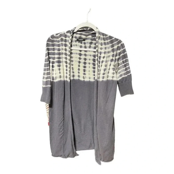 EXPRESS Women's Cardigan Sweater Open Front Gray Tie Dye Size Small Short Sleeve - Picture 1 of 7